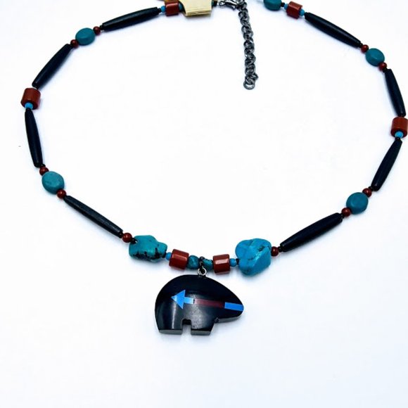 ZUNI BEAR &TURQUOISE*NECKLACE/CHOKER*MEN/UNISEX*TRIBAL/NATIVE*HAND CRAFTED - Picture 4 of 5